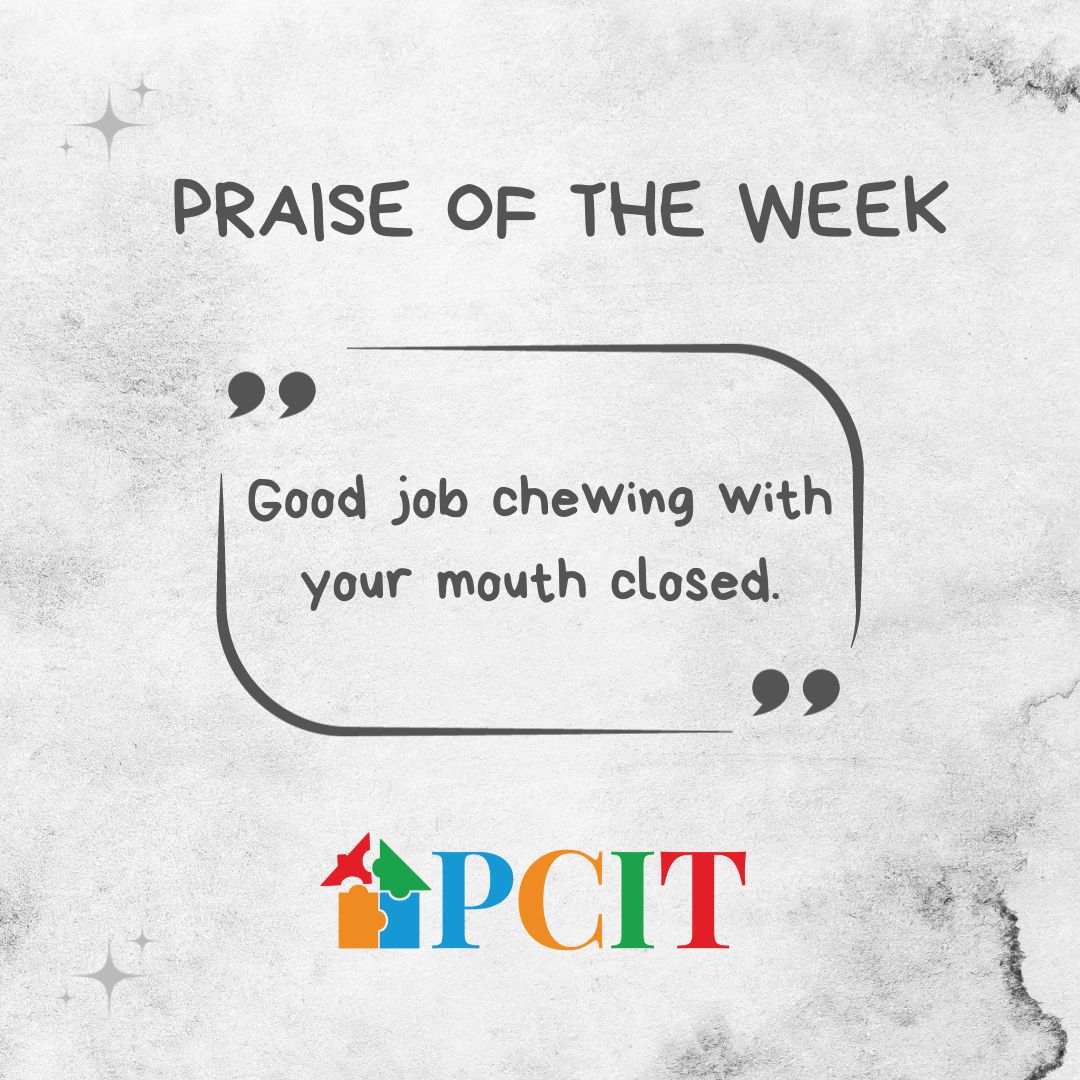 PCIT_Inc's tweet image. PRAISE OF THE WEEK: &quot;Good job chewing with your mouth closed.&quot; For young children, table manners can be difficult. This praise is specific, repeatable, &amp;amp; increases the likelihood the child will complete the behavior in the future. For more PCIT visit: parentchildinteractiontherapy.com
