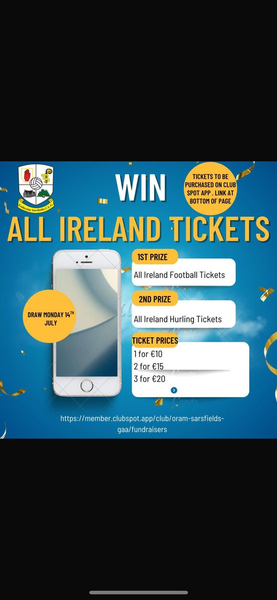 Oram Sarsfields GAA (@oramgfc) on Twitter photo Congratulations <a href="/TipperaryGAA/">Tipperary GAA</a> #tipperary #tippgaa winning the all Ireland hurling semi final today.
❌Win tickets to the final.!!❌
Link below
member.clubspot.app/club/oram-sars…
#tipperary #hurling #ireland #AllIrelandsemifinal #AllIrelandHurlingFinal #Ireland Congratulations <a href="/TipperaryGAA/">Tipperary GAA</a> #tipperary #tippgaa winning the all Ireland hurling semi final today.
❌Win tickets to the final.!!❌
Link below
member.clubspot.app/club/oram-sars…
#tipperary #hurling #ireland #AllIrelandsemifinal #AllIrelandHurlingFinal #Ireland