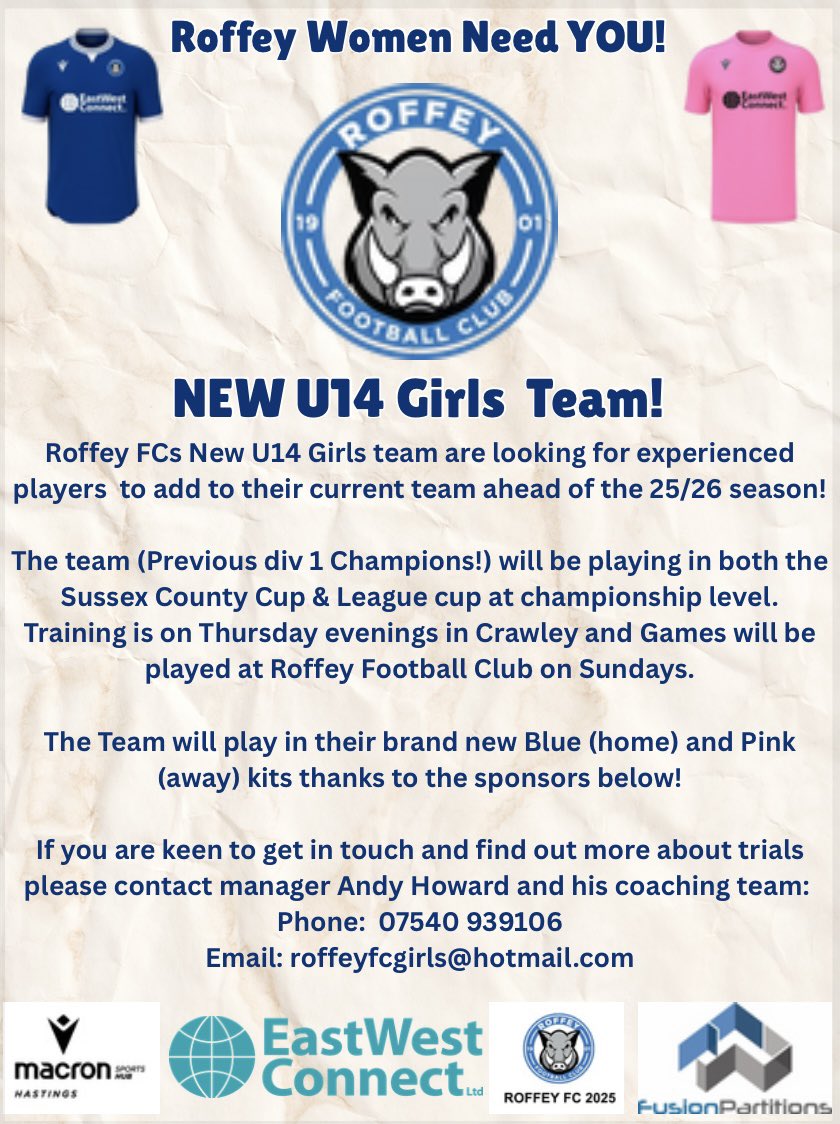 Roffey Women & Girls (@roffeyfcwomen) on Twitter photo ROFFEY U14 GIRLS
Our NEW u14 girls team are looking for a few more experienced players to join the upcoming 25/26 team!
Please share around and get in touch if you know someone who may be interested😊
<a href="/RoffeyFC/">Roffey Football Club</a> ROFFEY U14 GIRLS
Our NEW u14 girls team are looking for a few more experienced players to join the upcoming 25/26 team!
Please share around and get in touch if you know someone who may be interested😊
<a href="/RoffeyFC/">Roffey Football Club</a>