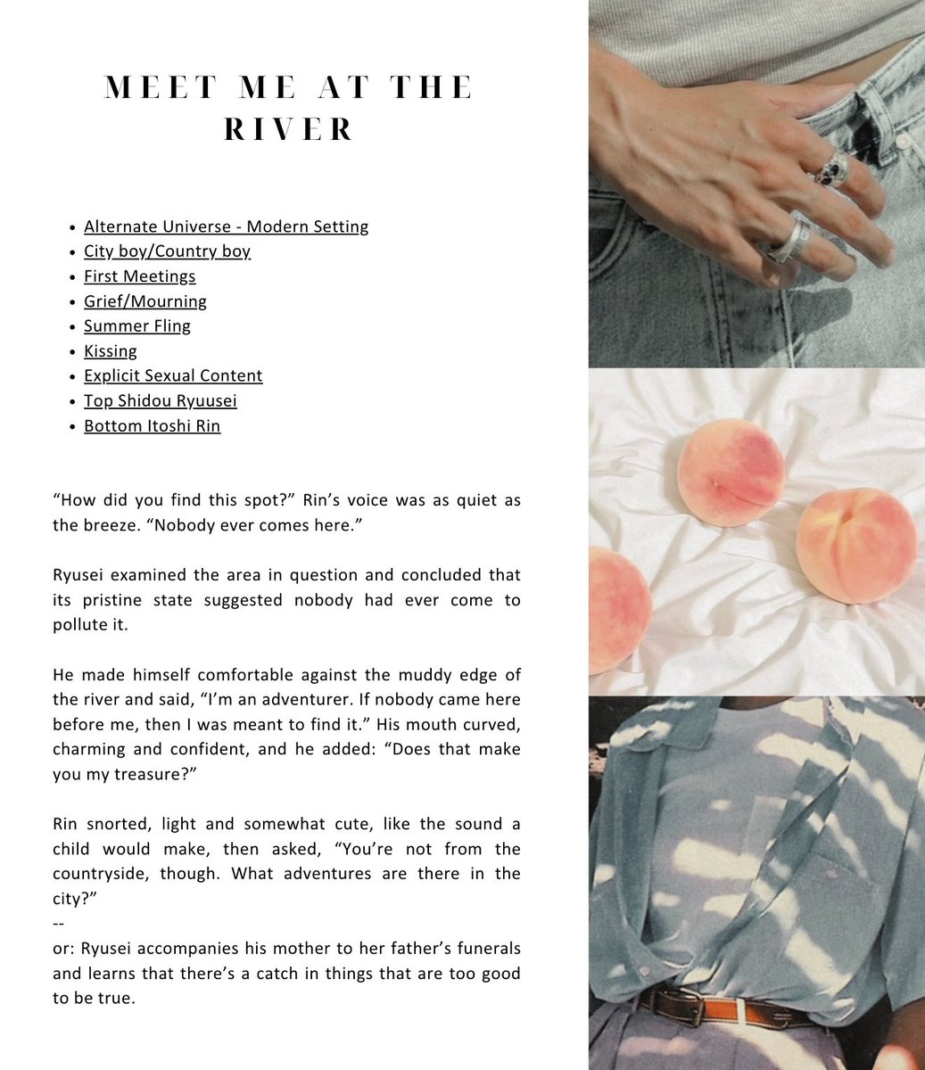 itoshiprincess's tweet image. Meet me at the river
โ
#ryurin #sdrn | explicit | 11k
โ AU, city boy/country boy
โ
grief, hurt/comfort
โ very steamy, hbd shidou โก
archiveofourown.org/works/67220005