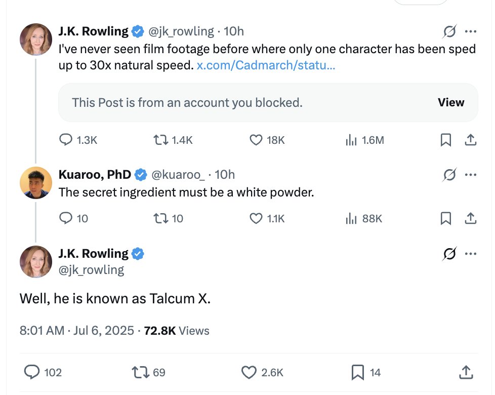 owenjonesjourno's tweet photo. False.

JK Rowling amplified claims I'd taken cocaine before appearing on the show.

I'm sure there are people who snort coke before going on air, but this strikes me as a very ill-advised thing to do!

(Oh, she ripped off 'Talcum X' from an attack line against Shaun King) https://t.co/HdM6kTj1gt