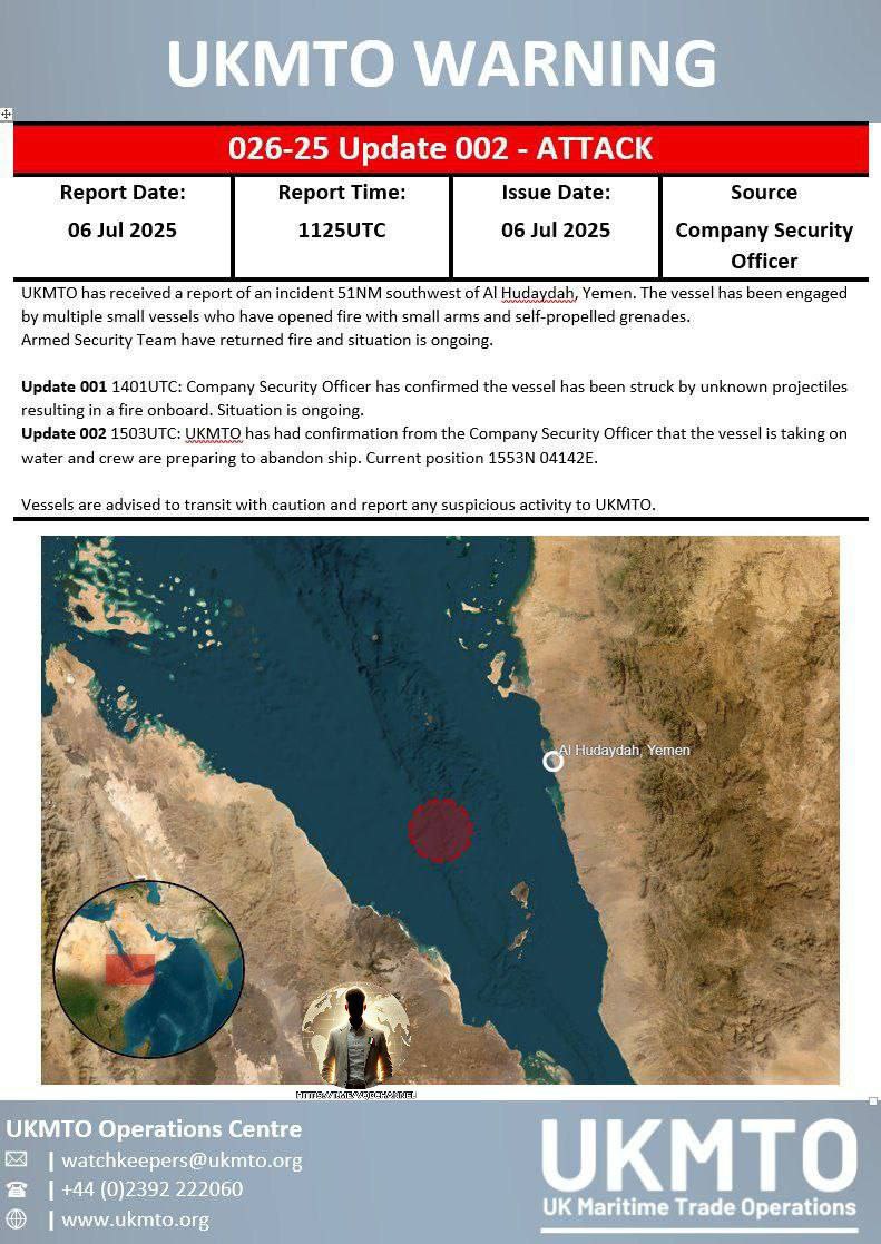 6 luglio 2025, Yemen - Israele 

MOTOSCAFI YEMENITI HANNO APERTO IL FUOCO SU UNA NAVE ISRAELIANA

L'Organizzazione del commercio marittimo del Regno Unito annuncia che motoscafi yemeniti hanno aperto il fuoco su una nave collegata a Israele con RPG e armi di piccolo calibro nel