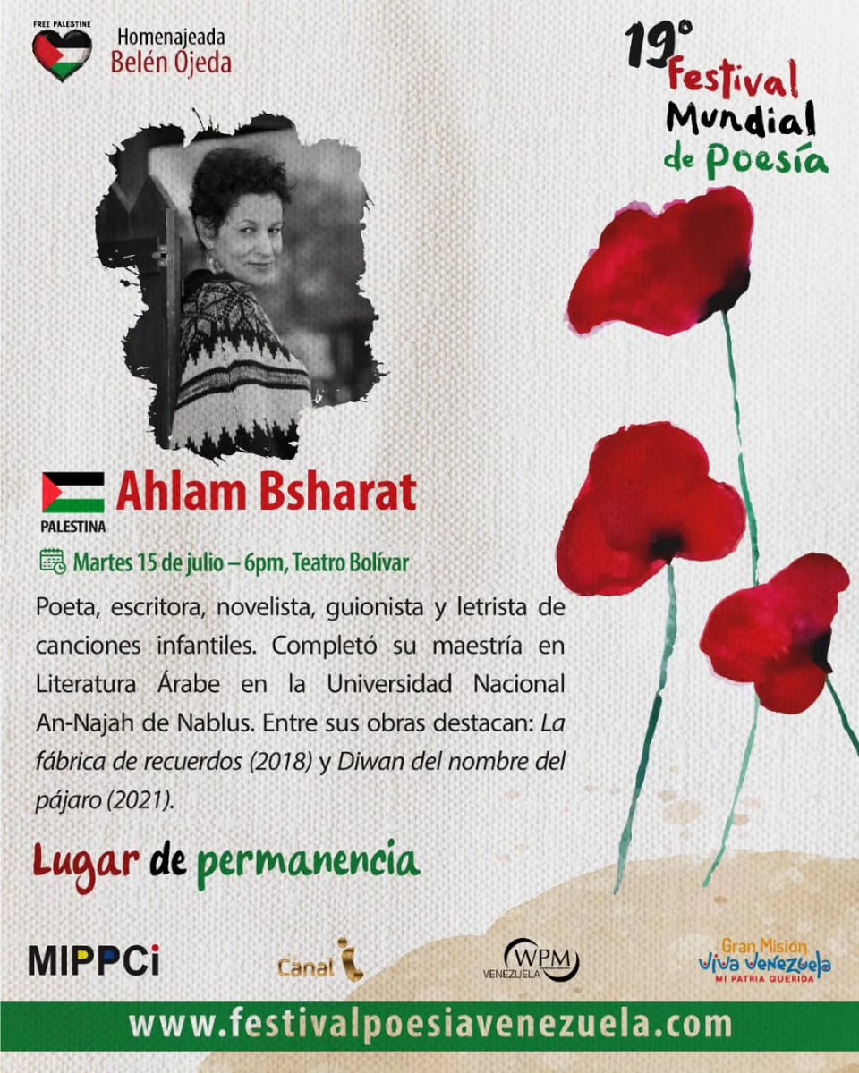 El 19⁰ festival mundial de poesía es un canto a la resistencia, donde asistirán 240 poetas invitados de 40 países se unen en Caracas por Palestina 
No te pierdas este evento del 14 al 20 de julio 
#FestivalDePoesia
#OncaLaVozDeEcos
