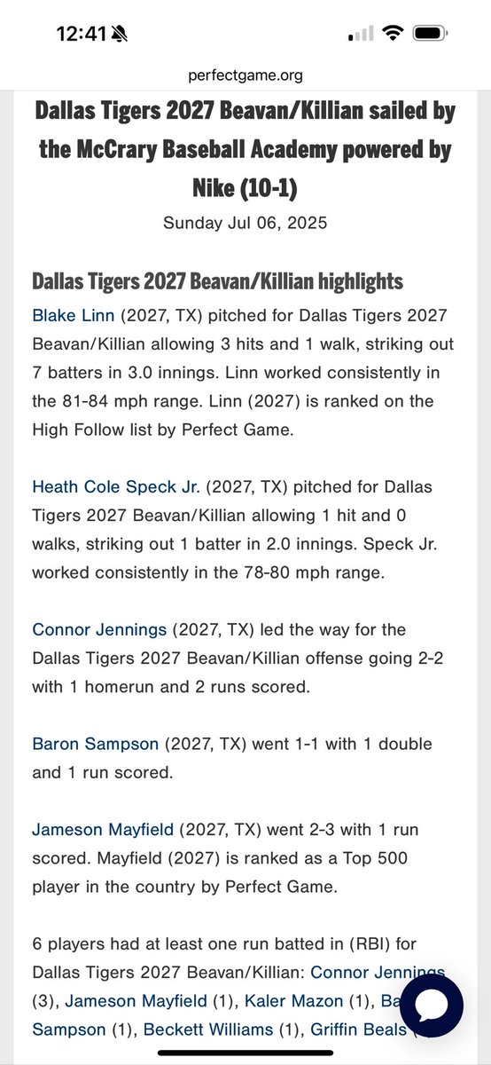 DallasTigersKillian (@tigerskillian) on Twitter photo The Tigers were back at it earlier this morning and posted a solid 10-1 win to start pool play at the <a href="/PG_Tourney/">Perfect Game Tournaments</a> 2025 PG 16U WWBA National Championship. The Tigers were back at it earlier this morning and posted a solid 10-1 win to start pool play at the <a href="/PG_Tourney/">Perfect Game Tournaments</a> 2025 PG 16U WWBA National Championship.
