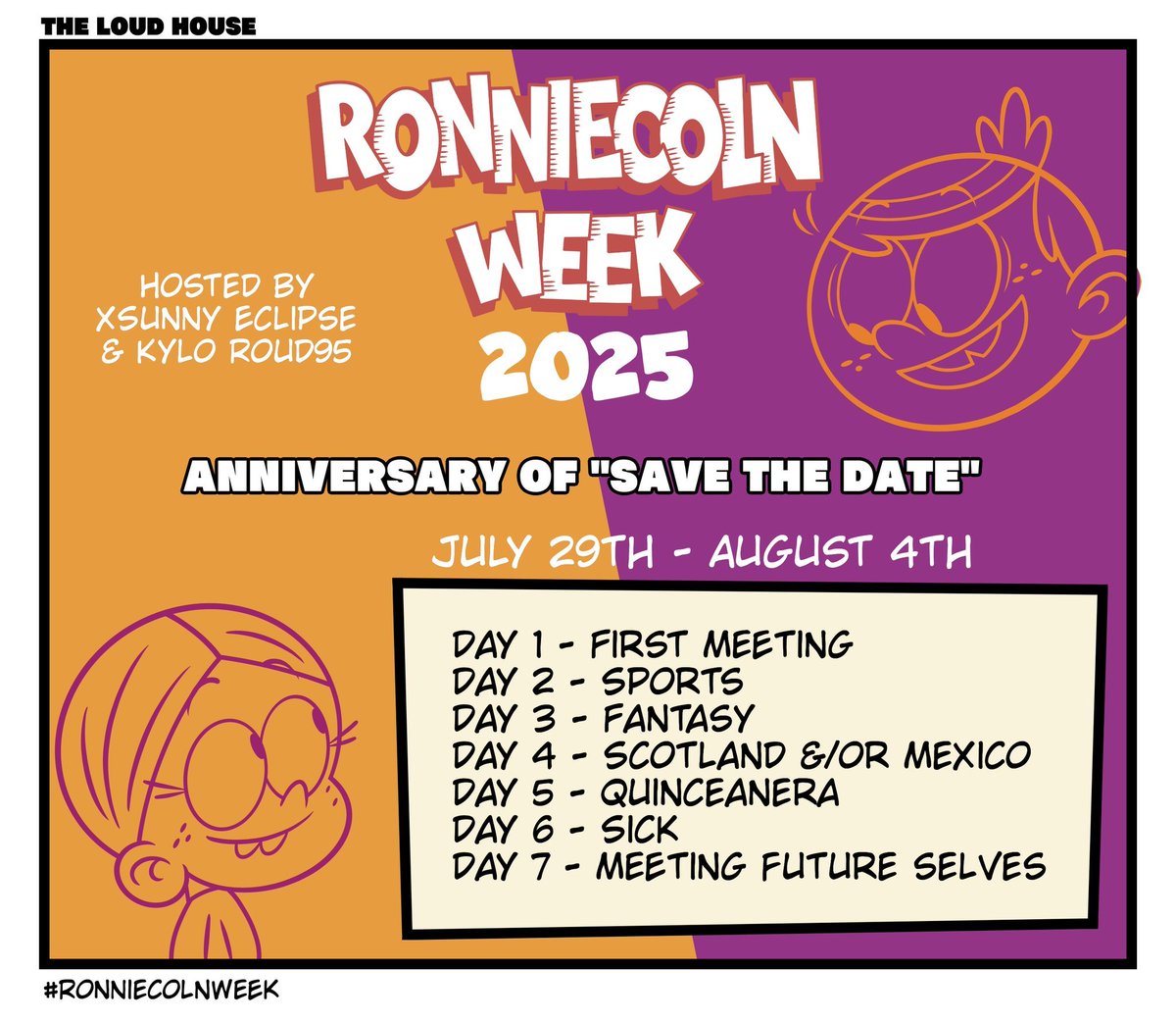 xSunnyEclipse's tweet photo. It's time to announce #RonniecolnWeek2025 hosted by myself and @KyloRoud95 !! Kylo also made this promotion picture and I can't wait to see all the entries! 🧡💜#TheLoudHouse #LincolnLoud #RonnieAnneSantiago #Ronniecoln #RonniecolnWeek https://t.co/QEcAjuRzOx