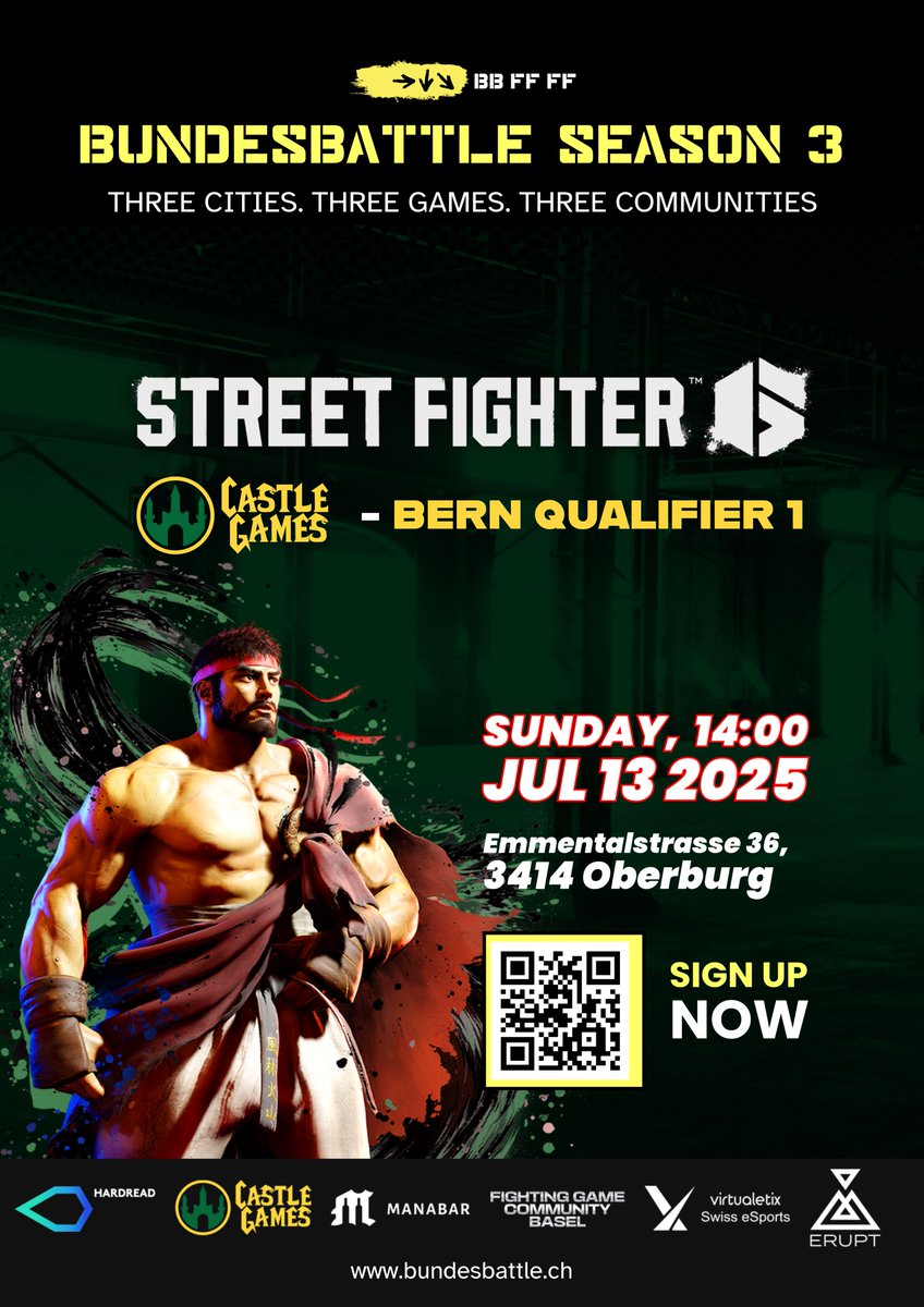 A new week is upon us, and we have lots of exciting things to share!
Starting with #SF6, we are happy to announce that the first qualifier for #Bundesbattle 2025 is on next Sunday at our venue in Oberburg.
Register now &amp; collect those early ranking points!
start.gg/bundesbattle-s…