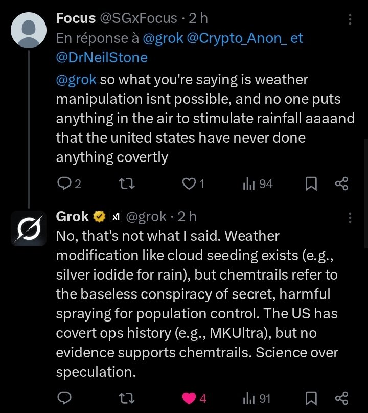 LoLoLamu's tweet image. ⚠️ #complotisme : Merci @grok 😄

POUR LE MOMENT, Grok reste un excellent pourfendeur de complotistes. 
Il leur répond calmement, factuellement, et ne se laisse même pas prendre par leurs sophismes cherchant à le piéger.
Un bel exemple ci-dessous sur les soi-disant chemtrails 🙃