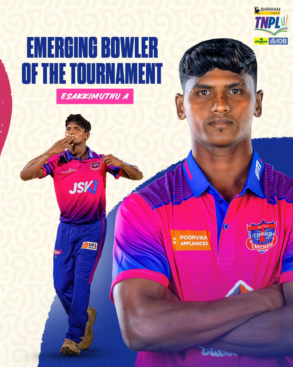 TNPremierLeague's tweet photo. Esakkimuthu A crowned as the TNCA - Emerging bowler of the Tournament! 🌟

#TNPL #TNPL2025 #TNPLFinal #NammaOoruNammaGethu https://t.co/2Qd2IwuhN0