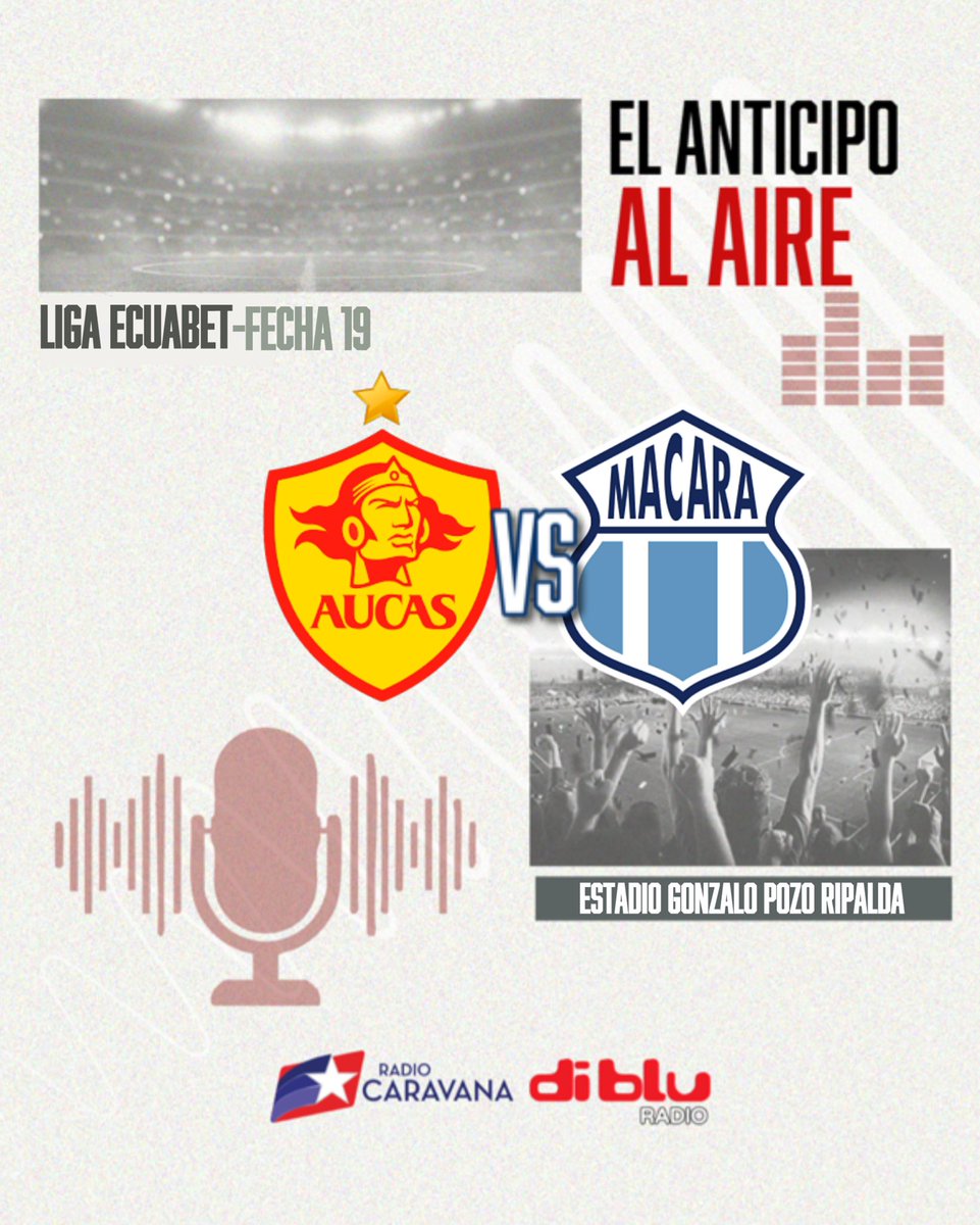 Radio Caravana (@caravana750) on Twitter photo ¡INICIA LA PREVIA DEL PARTIDO! 🔥
🎙️ <a href="/zedenoduval/">Duval Zedeño B</a>
🎙️ <a href="/CarlosXArguello/">Carlos Xavier Argüello</a>
🎙️ <a href="/ccarrasco750/">Christian Carrasco</a>
🎙️ <a href="/nadia_manosalva/">nadia manosalvas </a>
🟡 <a href="/Aucas45/">S. D. Aucas Oficial</a> 🆚 <a href="/Macara_Oficial/">Club Dep. Macará</a> 🔵
🏆 @LigaProEC
🗓️ Fecha 19
🏟️ Gonzalo Pozo
⏰ 13H00
👉🏻 Escúchalo por radiocaravana.com y diblu.ec ¡INICIA LA PREVIA DEL PARTIDO! 🔥
🎙️ <a href="/zedenoduval/">Duval Zedeño B</a>
🎙️ <a href="/CarlosXArguello/">Carlos Xavier Argüello</a>
🎙️ <a href="/ccarrasco750/">Christian Carrasco</a>
🎙️ <a href="/nadia_manosalva/">nadia manosalvas </a>
🟡 <a href="/Aucas45/">S. D. Aucas Oficial</a> 🆚 <a href="/Macara_Oficial/">Club Dep. Macará</a> 🔵
🏆 @LigaProEC
🗓️ Fecha 19
🏟️ Gonzalo Pozo
⏰ 13H00
👉🏻 Escúchalo por radiocaravana.com y diblu.ec
