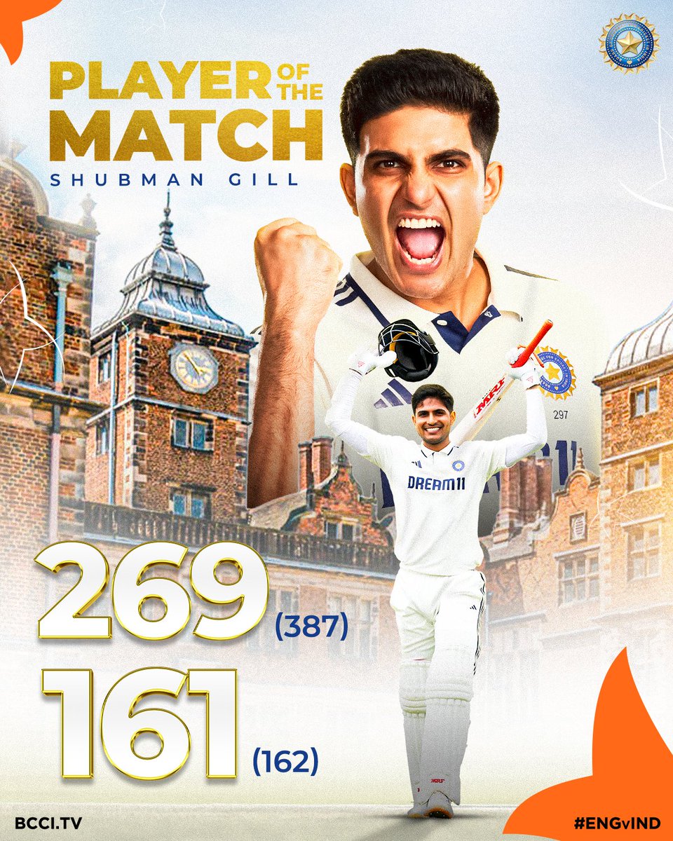 SHIV_VISHNOII¹⁸ (@imshiv_18) on Twitter photo 2️⃣6️⃣9️⃣ runs in the 1st Innings
1️⃣6️⃣1️⃣ runs in the 2nd Innings
For his phenomenal batting and record breaking innings in the second Test, Captain Shubman Gill is the Player of the Match 👏
Scorecard ▶️ bit.ly/ENGvIND-2ndTES…
#TeamIndia | #ENGvIND | <a href="/ShubmanGill/">Shubman Gill</a> 2️⃣6️⃣9️⃣ runs in the 1st Innings
1️⃣6️⃣1️⃣ runs in the 2nd Innings
For his phenomenal batting and record breaking innings in the second Test, Captain Shubman Gill is the Player of the Match 👏
Scorecard ▶️ bit.ly/ENGvIND-2ndTES…
#TeamIndia | #ENGvIND | <a href="/ShubmanGill/">Shubman Gill</a>