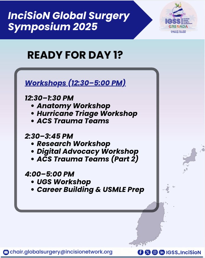 InciSioN Global Surgery Symposium (IGSS) 2025 (@igss_incision) on Twitter photo 🌍 IGSS 2025 | Skill-Building Workshops 🔧
📍 St. George’s, Grenada | 📅 Friday, August 29
These sessions are tailored to help you lead and adapt in an evolving surgical landscape. 💼🩺
📩Details: reach out at: chair.globalsurgery@incisionetwork.org
#IGSS2025 #GlobalSurgery 🌍 IGSS 2025 | Skill-Building Workshops 🔧
📍 St. George’s, Grenada | 📅 Friday, August 29
These sessions are tailored to help you lead and adapt in an evolving surgical landscape. 💼🩺
📩Details: reach out at: chair.globalsurgery@incisionetwork.org
#IGSS2025 #GlobalSurgery