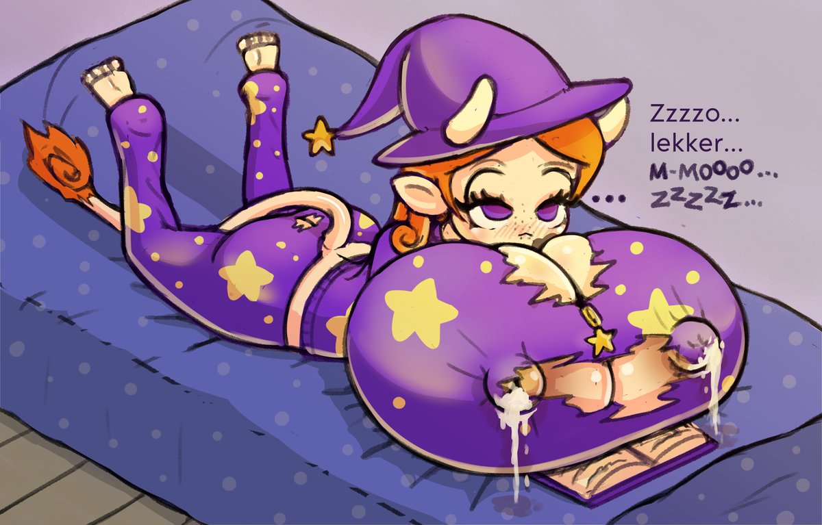 "This bed is very comfy lately. :)"
"Sssoo... comfy... moo... zzz..."

Deanna Fact 3: Deanna's denial of her cow nature is so powerful, that she can partially filter it out of her perception - Can she truly read the book "through" her boobs or is her memory filling up the gaps?