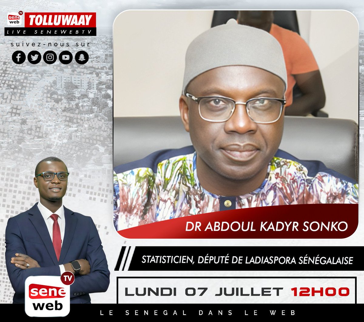 Mes chers,

Je vous invite à nous suivre ce lundi 7 juillet à partir de 12h sur Seneweb

J’aurai le plaisir de réagir aux questions du journaliste Babacar Kebe.

#assembleesn 
#Pasteflespatriotes
#Burok