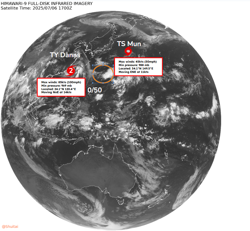 IPTCWC's tweet photo. Western North Pacific Tropical Weather Outlook: The IPTCWC is issuing advisories on Tropical Storm #Mun and Typhoon #Danas, the latter of which made landfall in Taiwan as a powerful typhoon today. Elsewhere, another disturbance may develop into a tropical cyclone early next week. https://t.co/Le9SyEofqs