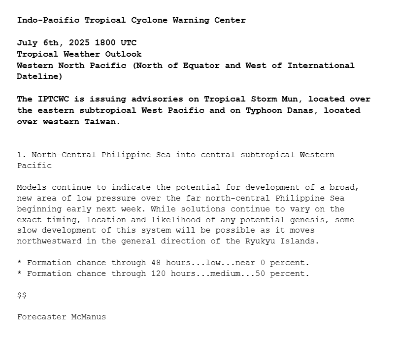 IPTCWC's tweet photo. Western North Pacific Tropical Weather Outlook: The IPTCWC is issuing advisories on Tropical Storm #Mun and Typhoon #Danas, the latter of which made landfall in Taiwan as a powerful typhoon today. Elsewhere, another disturbance may develop into a tropical cyclone early next week. https://t.co/Le9SyEofqs