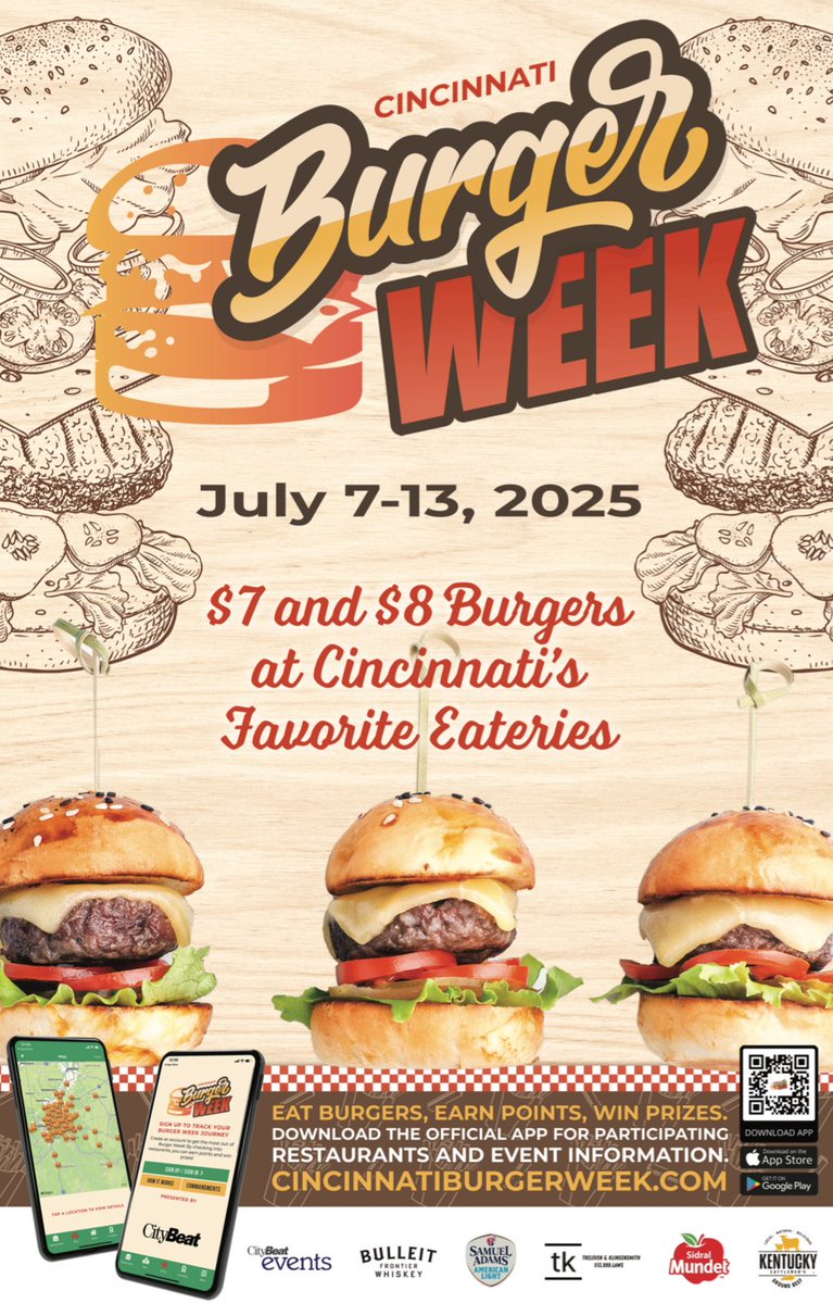 CityBeatCincy's tweet image. The 11th Annual Cincinnati Burger Week is back featuring $7 -$8 gourmet burgers across the Cincinnati region!
Download the official app to guide your burger journey+ win prizes —> qrco.de/bdS2VU.
For details and more visit cincinnatiburgerweek.com