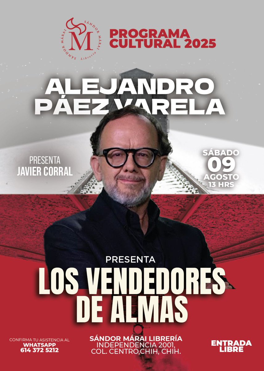 Alfaguara Editorial (@alfaguaramex) on Twitter photo Les invitamos a la presentación de LOS VENDEDORES DE ALMAS, la nueva novela de Alejandro Páez Varela (<a href="/paezvarela/">AlejandroPáezVarela</a>). Una obra literaria de ecos en el tiempo, y de dobles que niegan su reflejo. ¡No falten!
🗓️: 09 de agosto l 13:00 hrs.
📍: En <a href="/SandorMaraiCDMX/">Sándor Márai Librería CDMX</a>. Les invitamos a la presentación de LOS VENDEDORES DE ALMAS, la nueva novela de Alejandro Páez Varela (<a href="/paezvarela/">AlejandroPáezVarela</a>). Una obra literaria de ecos en el tiempo, y de dobles que niegan su reflejo. ¡No falten!
🗓️: 09 de agosto l 13:00 hrs.
📍: En <a href="/SandorMaraiCDMX/">Sándor Márai Librería CDMX</a>.