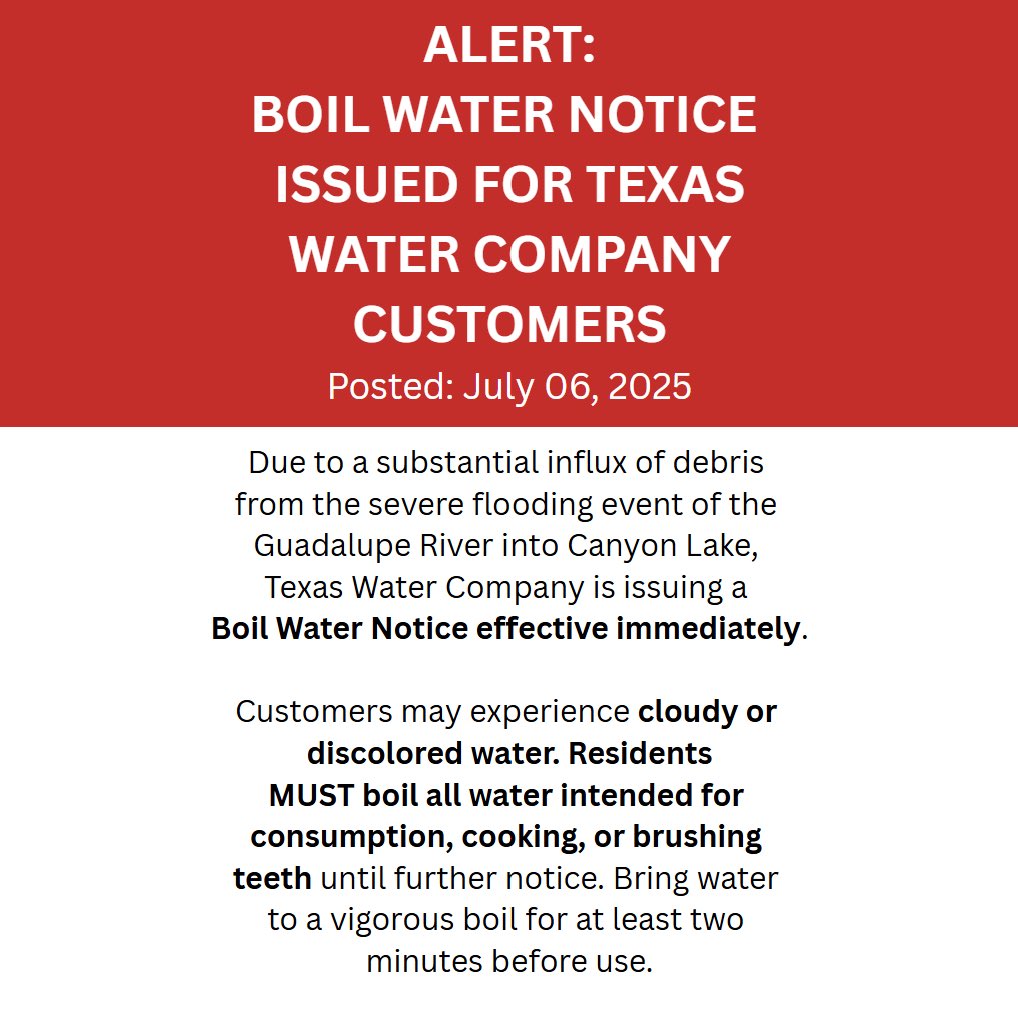 DonnaCampbellTX's tweet image. Boil Water Notice issued for Texas Water Company customers. Due to flood debris in Canyon Lake, all water for drinking, cooking, or brushing teeth must be boiled until further notice. Stay safe and cautious everyone. For more information: georgetowntexas.gov/news_detail_T2…