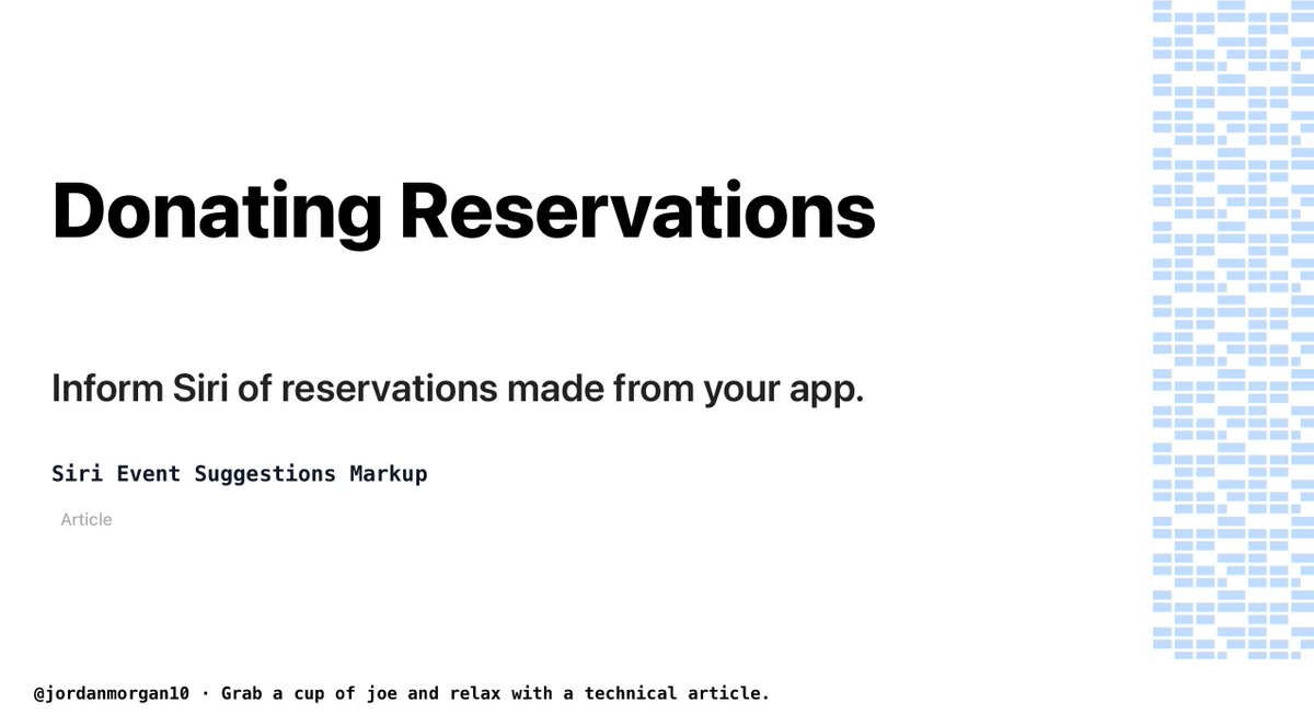 📝Today's technical article is from the Siri Event Suggestions Markup framework 📝

Donating Reservations:
Inform Siri of reservations made from your app.

👉developer.apple.com/documentation/…