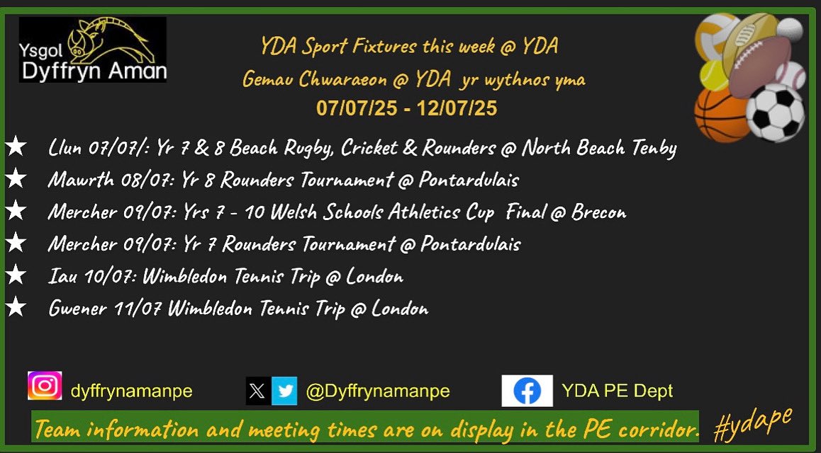 YsgolDyffrynAman PE (@dyffrynamanpe) on Twitter photo This week’s YDA Sporting activities
⚾️🎾🏏🏃♂️
07/07/25 - 11/07/25
Gweithgareddau allgyrsiol wythnos yma :
07/07/25 - 11/07/25
<a href="/dyffrynaman/">Ysgol Dyffryn Aman</a> This week’s YDA Sporting activities
⚾️🎾🏏🏃♂️
07/07/25 - 11/07/25
Gweithgareddau allgyrsiol wythnos yma :
07/07/25 - 11/07/25
<a href="/dyffrynaman/">Ysgol Dyffryn Aman</a>
