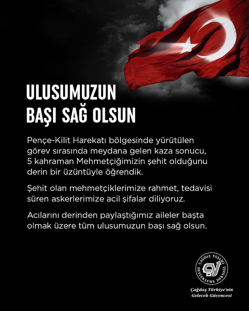 Pençe-Kilit Harekatı bölgesinde yürütülen görev sırasında meydana gelen kaza sonucu, 5 kahraman Mehmetçiğimizin şehit olduğunu derin bir üzüntüyle öğrendik.

Şehit olan mehmetçiklerimize rahmet, tedavisi süren askerlerimize acil şifalar diliyoruz.

Acılarını derinden