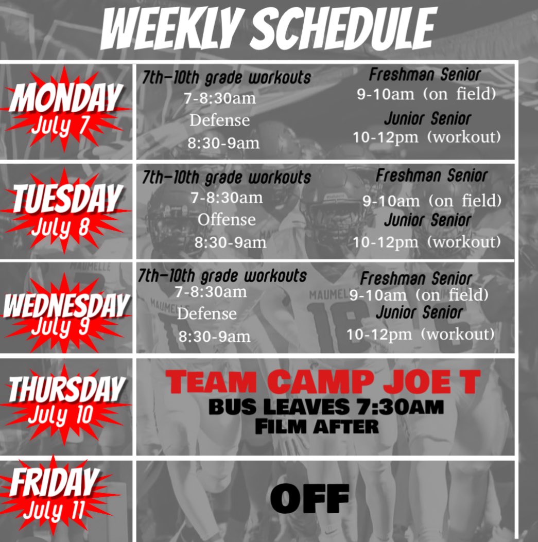 So excited to get back to work with the guys! Only a few weeks left before Fall camp!!! Let’s have a great week and finish strong with team camp Thursday morning at Joe T. 

7th-10th in the weight room at 7am! 
Everyone 9th thru 12th on the field at 9am!