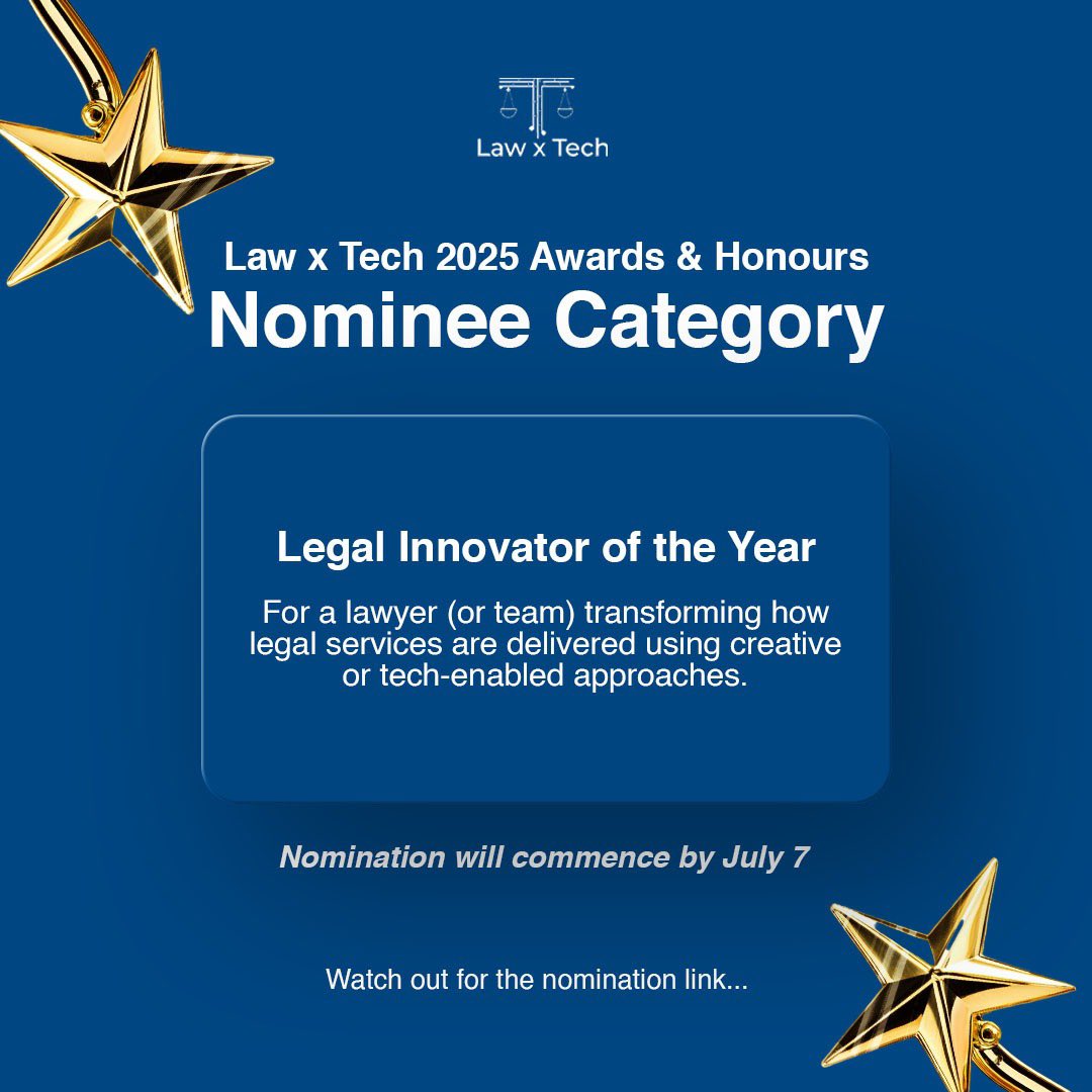 LawxTech's tweet image. 🏆 Whether you’ve built tools, broken barriers, influenced conversations, or redefined justice delivery through tech, this is your moment.

📌 Nominations open soon
💡 Stay ready. 

#LawxTech2025AwardsandHonours

Tag someone who deserves to be seen 👇

#LawAndTech #lawxtech