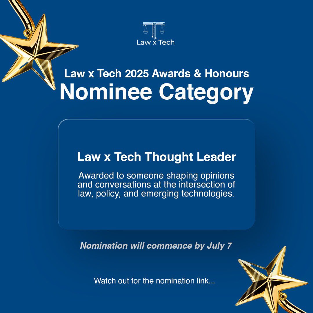 LawxTech's tweet image. 🏆 Whether you’ve built tools, broken barriers, influenced conversations, or redefined justice delivery through tech, this is your moment.

📌 Nominations open soon
💡 Stay ready. 

#LawxTech2025AwardsandHonours

Tag someone who deserves to be seen 👇

#LawAndTech #lawxtech