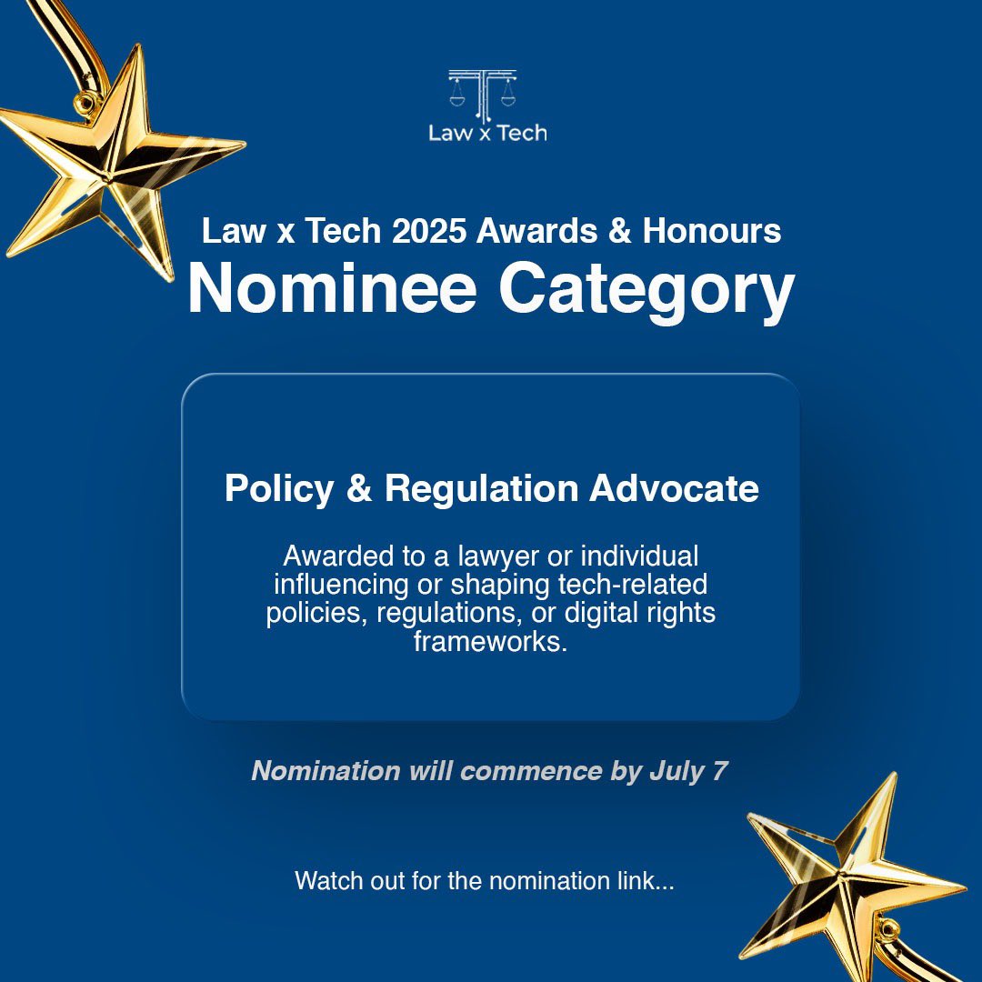 LawxTech's tweet image. 🏆 Whether you’ve built tools, broken barriers, influenced conversations, or redefined justice delivery through tech, this is your moment.

📌 Nominations open soon
💡 Stay ready. 

#LawxTech2025AwardsandHonours

Tag someone who deserves to be seen 👇

#LawAndTech #lawxtech
