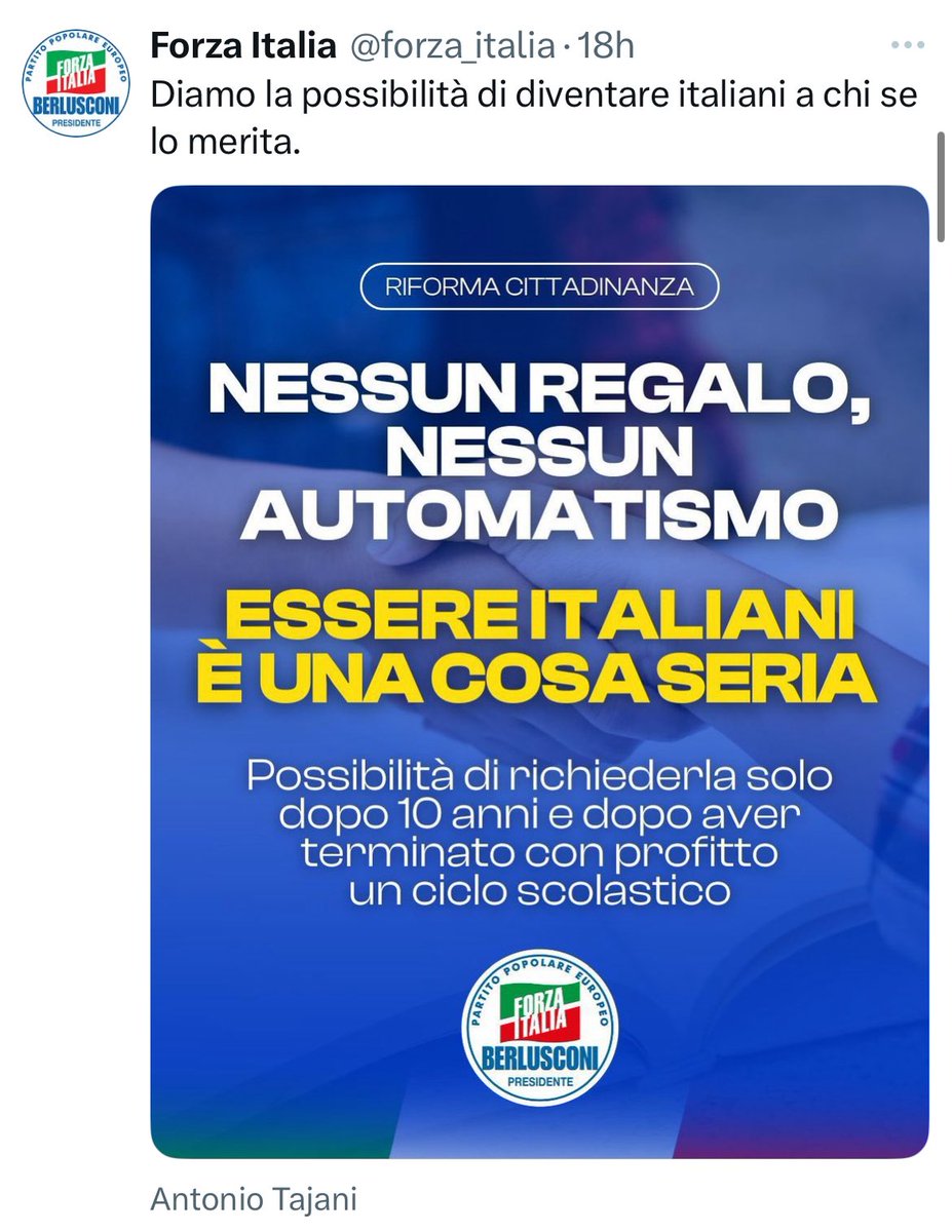 Era il 7 luglio del 2022 quando Tajani scriveva 

👉 “Il Pd cerca di far passare proposte ideologiche e divisive come lo #iusscholae”