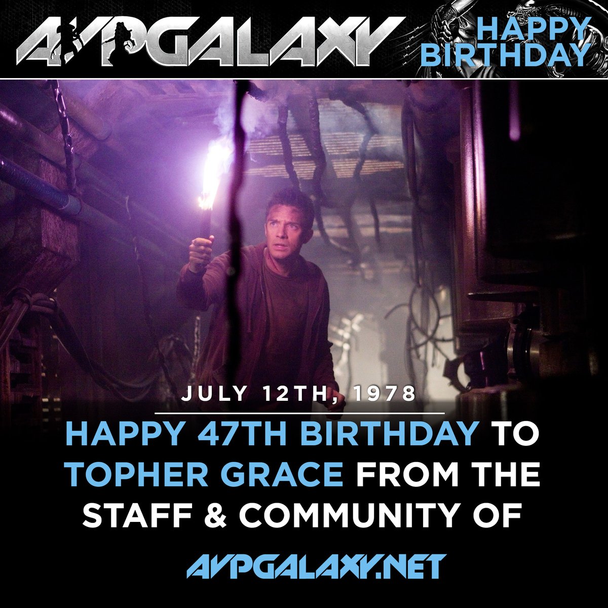 avpgalaxy's tweet photo. The staff and community of Alien vs. Predator Galaxy would like to wish Predators' Topher Grace a happy 47th birthday! #HappyBirthday #TopherGrace #Predators #predatorcontrol https://t.co/eHog7evSyv