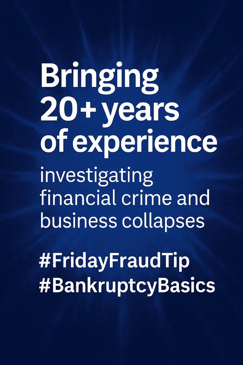 RLohCFE's tweet photo. Building on my #FridayFraudTip series by test driving a #BankruptcyBasics companion.  I've spent over 20 years investigating business collapses (sometimes the two areas are intertwined) and would love to hear your tips! 

Leave a message below or DM me with your tips! https://t.co/enYJ53Zpiu