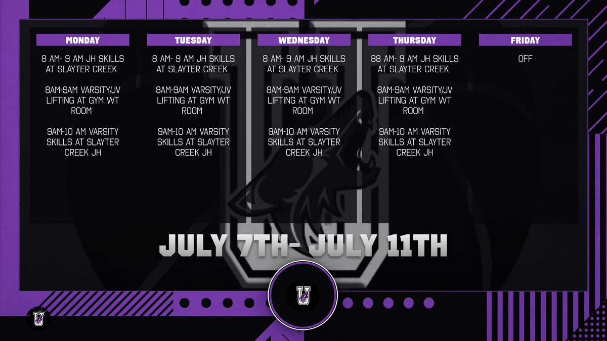 Back to work this week! Schedule for everyone is listed below! Tough, Together, Today!