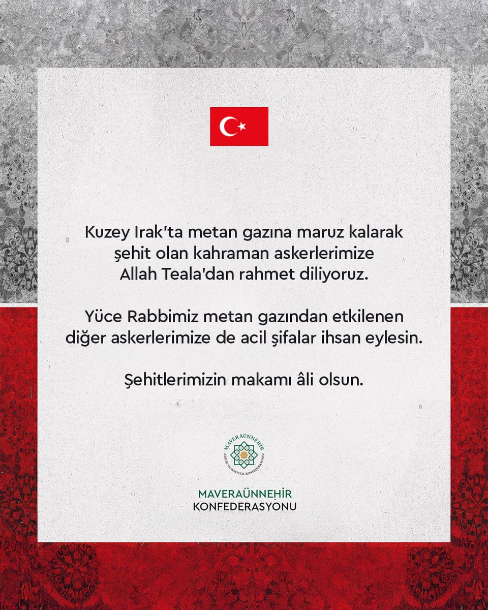 Kuzey Irak'ta metan gazına maruz kalarak şehit olan kahraman askerlerimize Allah Teala'dan rahmet diliyoruz.

Yüce Rabbimiz metan gazından etkilenen diğer askerlerimize de acil şifalar ihsan eylesin.

Şehitlerimizin makamı âli olsun.