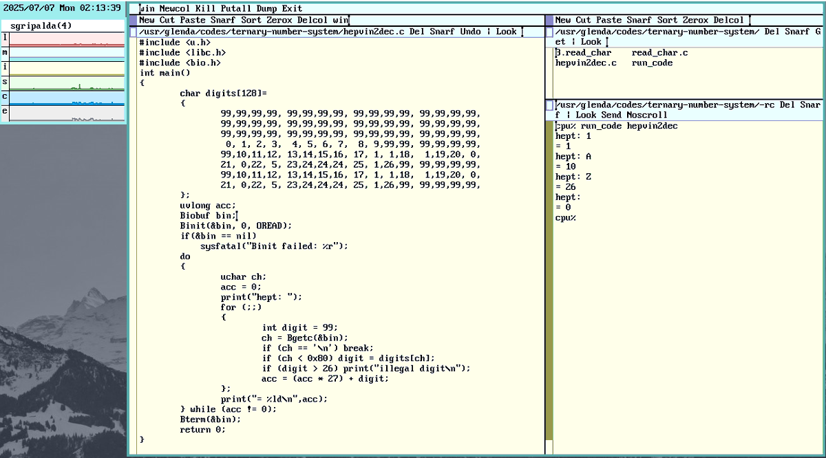 ShannAurelle's tweet image. Base 27 to base 10 converter in Plan 9 C in my setup 🥰
(full code in image)
#9front #Plan9