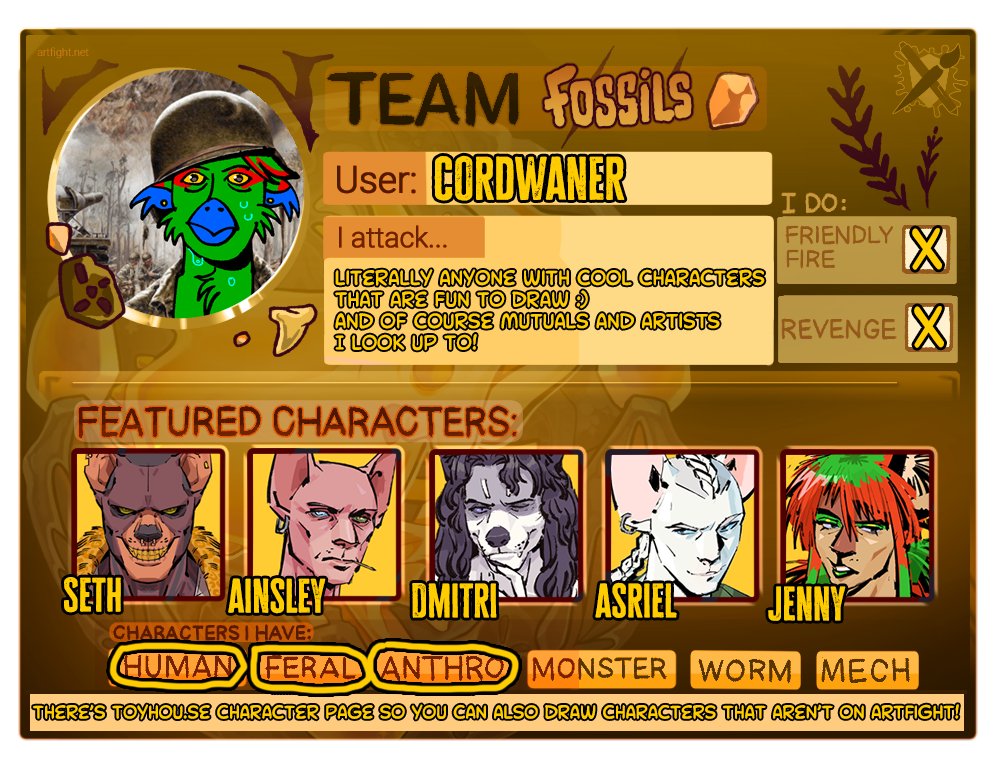 Cordwaner's tweet image. I finally got around to doing my card! COME AND GET ME &amp;gt;:)

 #af #artfight2025 #artfightteamfossils #TEAMFOSSILS #furryart