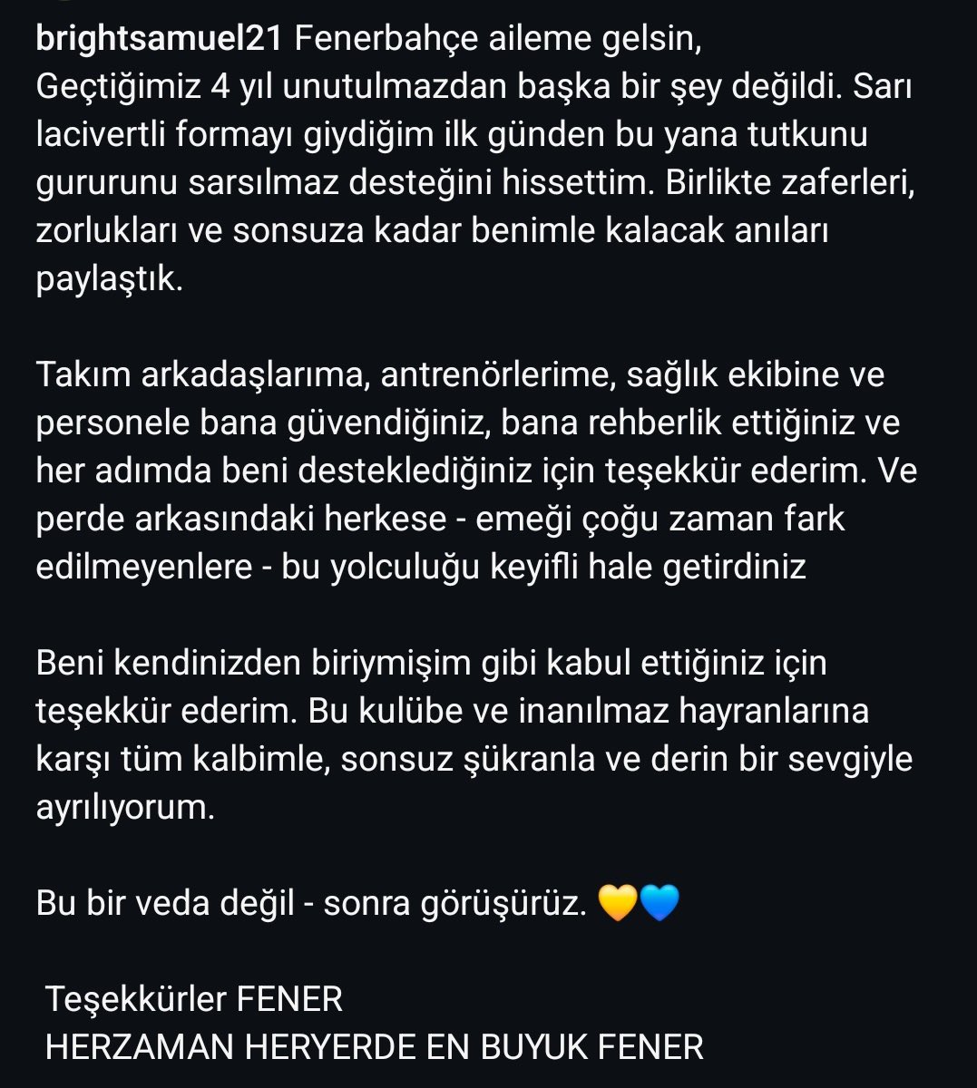 🟡🔵 Bright Osayi Samuel, Fenerbahçe'ye veda etti.