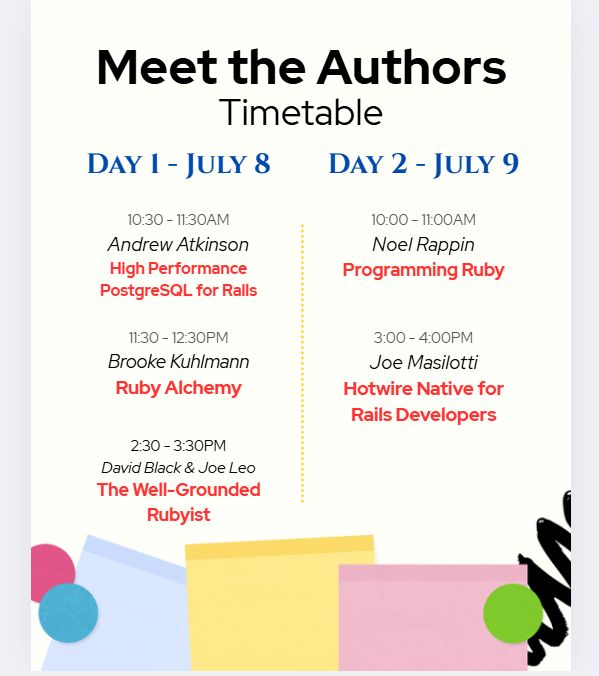 PragmaticProgrammers (@pragprog) on Twitter photo Heading to Philly for <a href="/railsconf/">RailsConf</a> ?
Don't miss this opportunity to meet and chat with these authors!
Pragprog Authors:
<a href="/andatki/">Andrew Atkinson</a> (Day 1)
<a href="/noelrap/">Noel Rappin</a> (Day 2)
<a href="/joemasilotti/">Joe Masilotti</a> (Day 2) Heading to Philly for <a href="/railsconf/">RailsConf</a> ?
Don't miss this opportunity to meet and chat with these authors!
Pragprog Authors:
<a href="/andatki/">Andrew Atkinson</a> (Day 1)
<a href="/noelrap/">Noel Rappin</a> (Day 2)
<a href="/joemasilotti/">Joe Masilotti</a> (Day 2)
