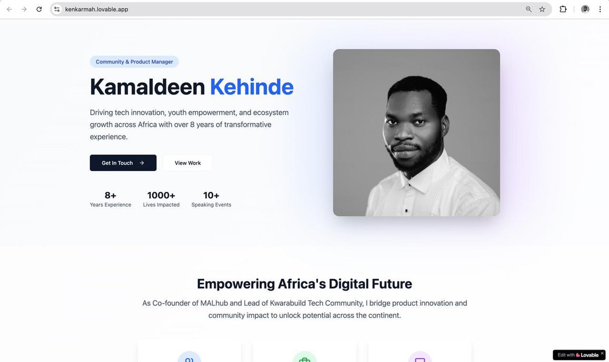 This Lovable AI is truly a game changer for fast prototyping  and iteration, I generated a complete landing page portfolio in less than 10 minutes. Wow! 👉🏽 kenkarmah.lovable.app