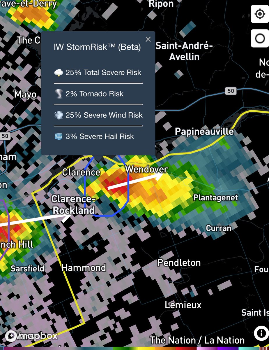 #ONStorm #ONwx Keeping an eye on this severe warned cell just east of Clarence-Rockland tracking into Wendover.

Looking quite strong and could be producing severe wind gusts with a 25% risk according to IW StormRisk.

What are you experiencing?

- Brennen

2:18 PM - Sunday, July