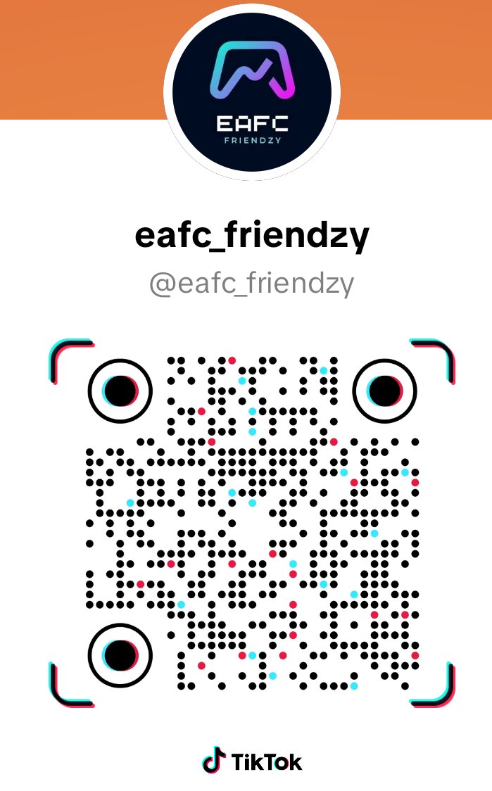 🎥EAFC FRIENDZY CLUBS LIVESTREAM🎥

Come and join our Livestream to cheer on the lads as we look to continue our unbeaten run 🎥

Highlights from tonight's matches will be posted on our TikTok (QR Code Below)

PLAYOFF MATCHES (6-10)
KICK OFF - 8PM
Twitch - twitch.tv/eafc_friendzy
