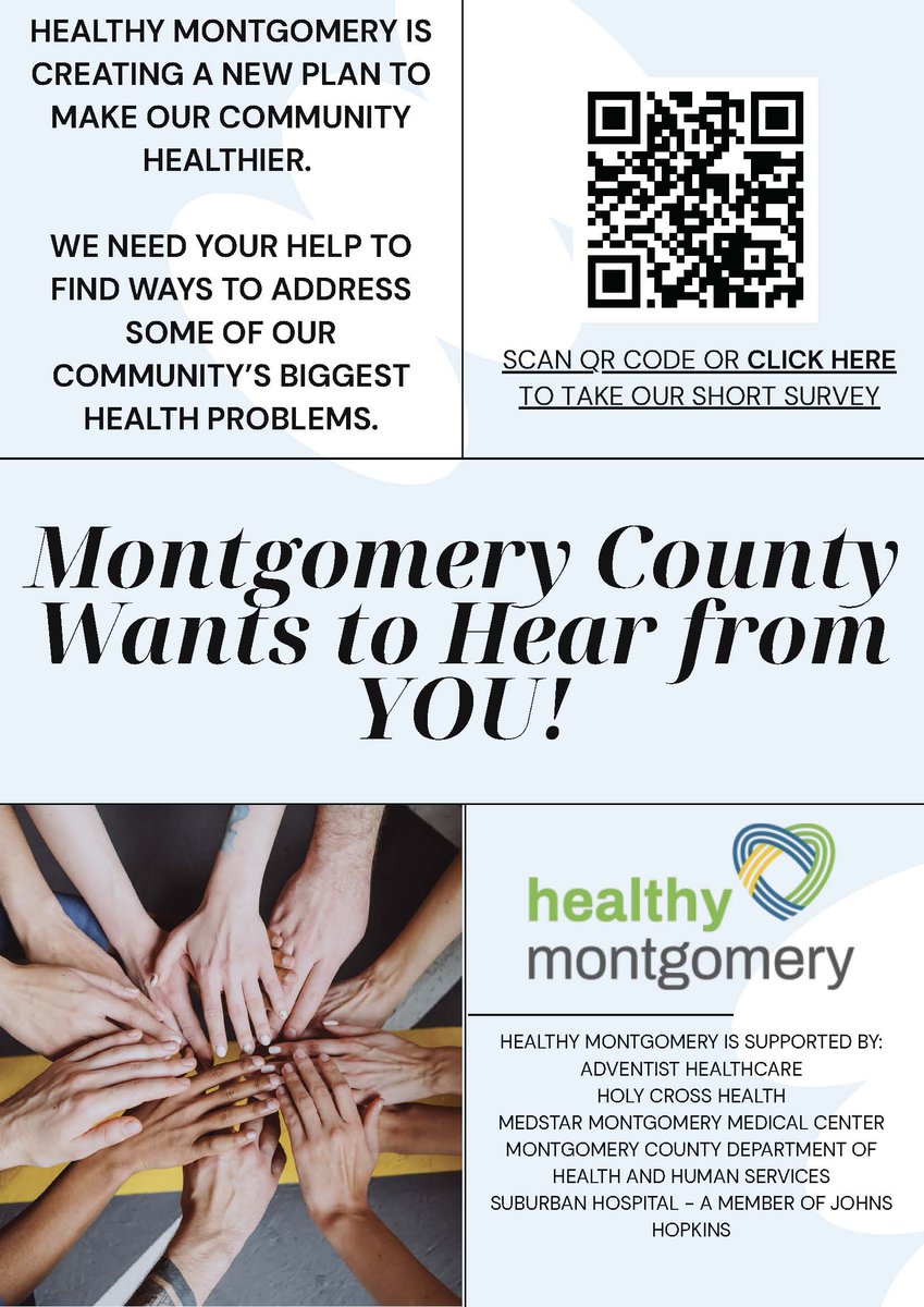 ➡️ to all our #MoCo followers. Healthy Montgomery is seeking input from community residents

July 9 Session ow.ly/h0Zv50Wjmz5
July 10 Session ow.ly/glUM50WjmwX
Registration is required

Survey 🔗 ow.ly/JcjC50WjmwY

@healthy_montgomery