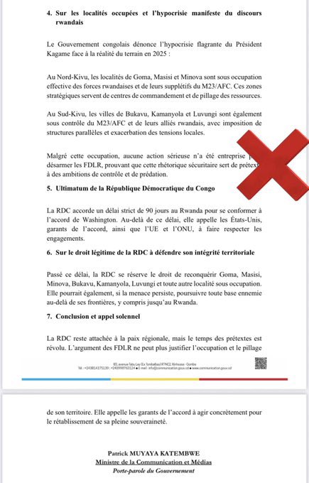 #RDC| #COMMUNICATION 
Le ministre de la Communication et des Médias de la République démocratique du Congo, 
 <a href="/PatrickMuyaya/">Patrick Muyaya</a> , met en garde la population contre la circulation d’un faux document sur les réseaux sociaux. 
Ce dernier affirme à tort que la RDC aurait donné au Rwanda