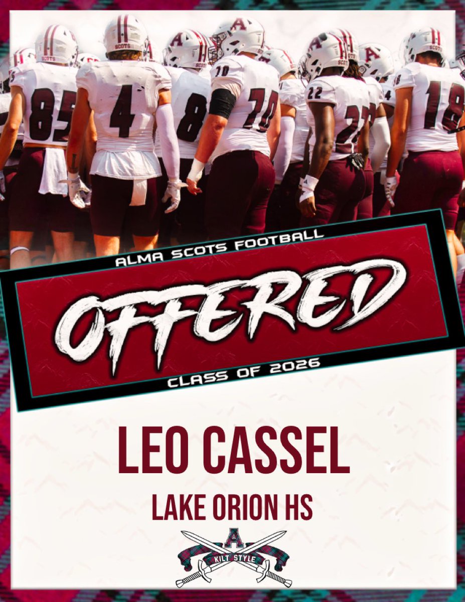 Leo Cassel (@cassel_leo) on Twitter photo After a great conversation with <a href="/Coach_OGara/">Cooper O’Gara</a> I am honored to have received an offer to play football at Alma College. Go Scots!
<a href="/lohsathletics/">Chris Bell LO Athletics</a> <a href="/CoachTello_NCSA/">Coach Tello</a> <a href="/CoachCouchAlma/">Jason Couch</a> After a great conversation with <a href="/Coach_OGara/">Cooper O’Gara</a> I am honored to have received an offer to play football at Alma College. Go Scots!
<a href="/lohsathletics/">Chris Bell LO Athletics</a> <a href="/CoachTello_NCSA/">Coach Tello</a> <a href="/CoachCouchAlma/">Jason Couch</a>