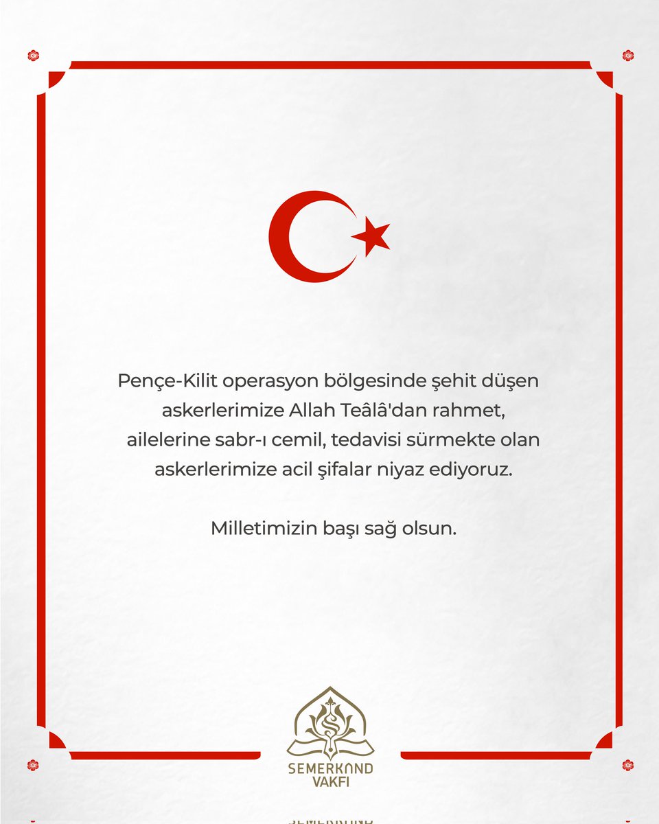 Pençe-Kilit operasyon bölgesinde şehit düşen askerlerimize Allah Teâlâ'dan rahmet, ailelerine sabr-ı cemil, tedavisi sürmekte olan askerlerimize acil şifalar niyaz ediyoruz.

Milletimizin başı sağ olsun.
