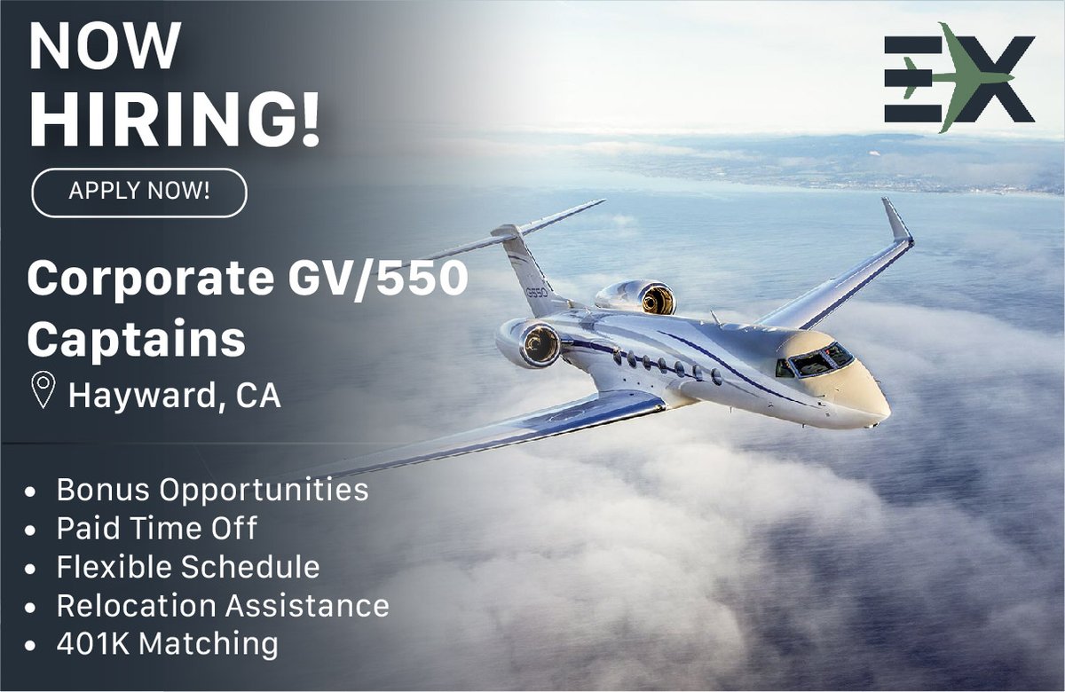 EXCOLO Aviation Group, based in Hayward, CA, is seeking Corporate GV/G550 International Captains who want to join our Part 91 team.

🛩️ Bonus Opportunities
🛩️ Paid Time Off
🛩️ Flexible Schedule
🛩️ Relocation Assistance
🛩️ 401K Matching

Apply here ➡️ bit.ly/40dd0Yf