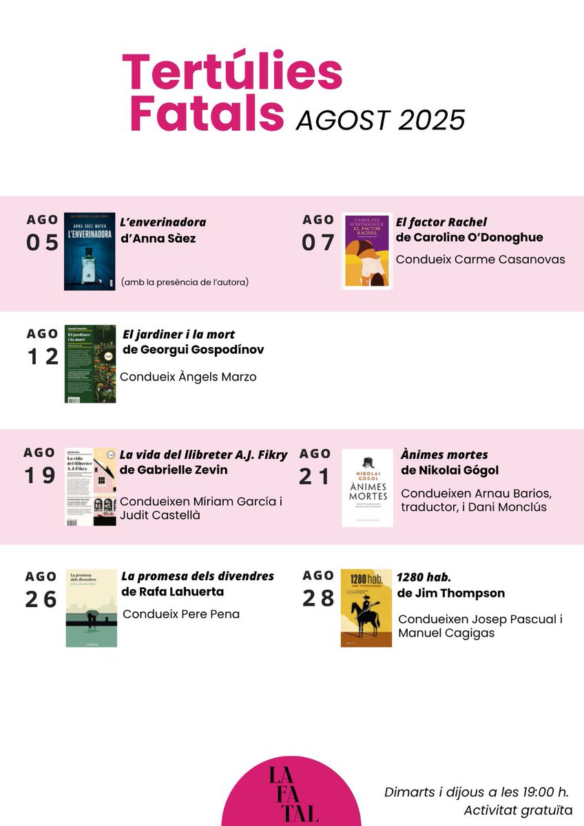 Aquesta setmana comencen les #TertúliesFatals.
Aquí teniu tota la programació.
Cada dimarts i dijous a les 19.00.

Us hi esperem!