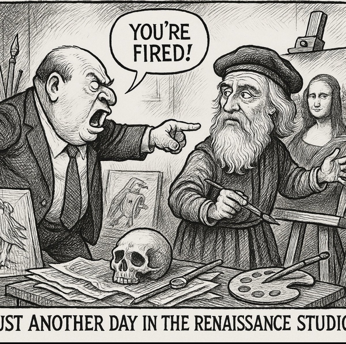 JohnPCFell's tweet image. I was relieved to see my favorite satirical illustrator, @kaltoons, is still having his work published in @TheEconomist. In view of the absurdity of his recent dismissal from the Baltimore Sun, I have no words, just this AI-generated image of Mona Lisa without a smile.