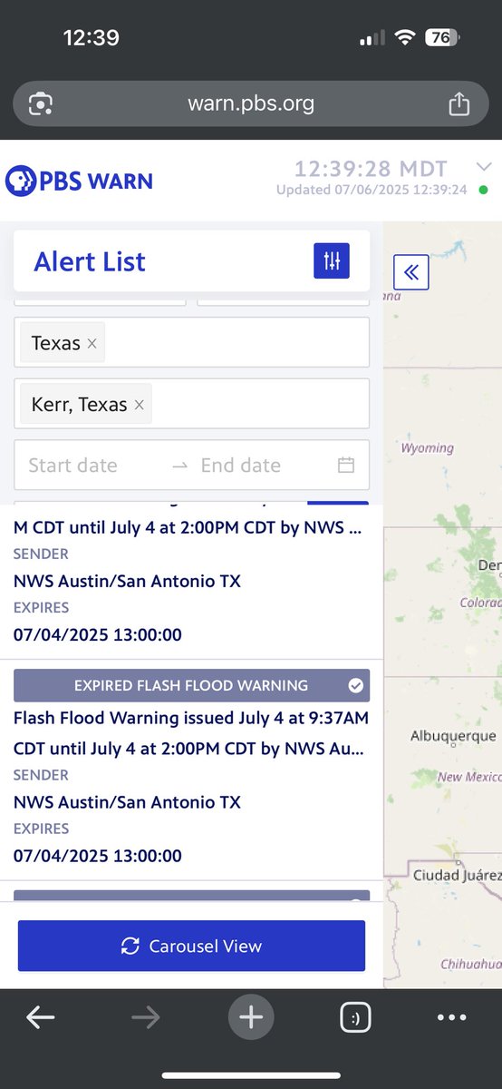 Steve Staeger (@stevestaeger) on Twitter photo A reminder to reporters in Texas covering flooding - you don’t have to rely on statements from emergency officials about when WEA warnings were sent. Check the archive at warn.pbs.org.
And if you have any questions - <a href="/SamanthaBergum/">Sam Bergum</a> and I have reported on this. A reminder to reporters in Texas covering flooding - you don’t have to rely on statements from emergency officials about when WEA warnings were sent. Check the archive at warn.pbs.org.
And if you have any questions - <a href="/SamanthaBergum/">Sam Bergum</a> and I have reported on this.