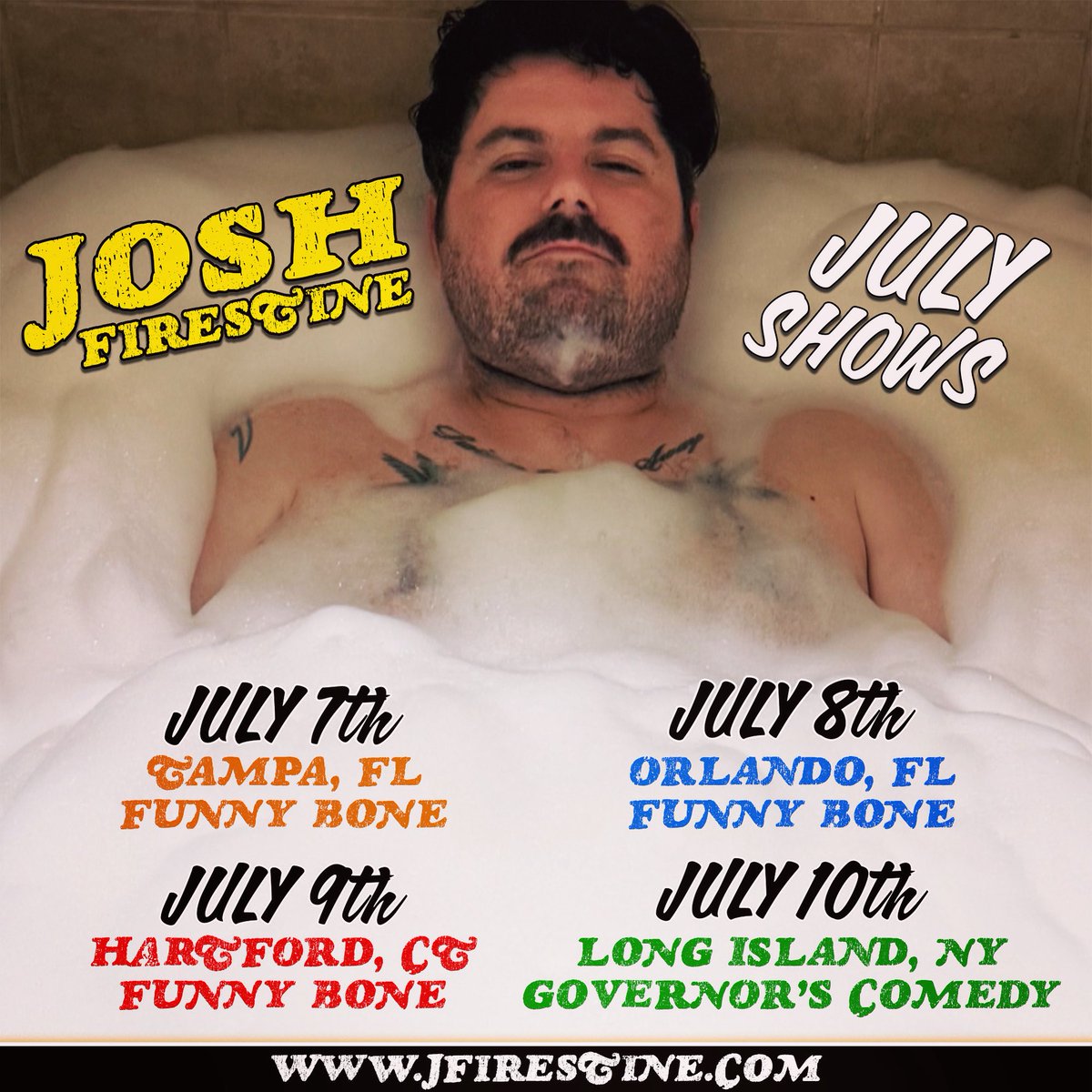 Not_Firestine's tweet image. Summer Shows! Come party, Y’all!
After the shows, I’m selling soap made with drops of my bath water. I’m the Sydney Sweeney of C-List Comedians.